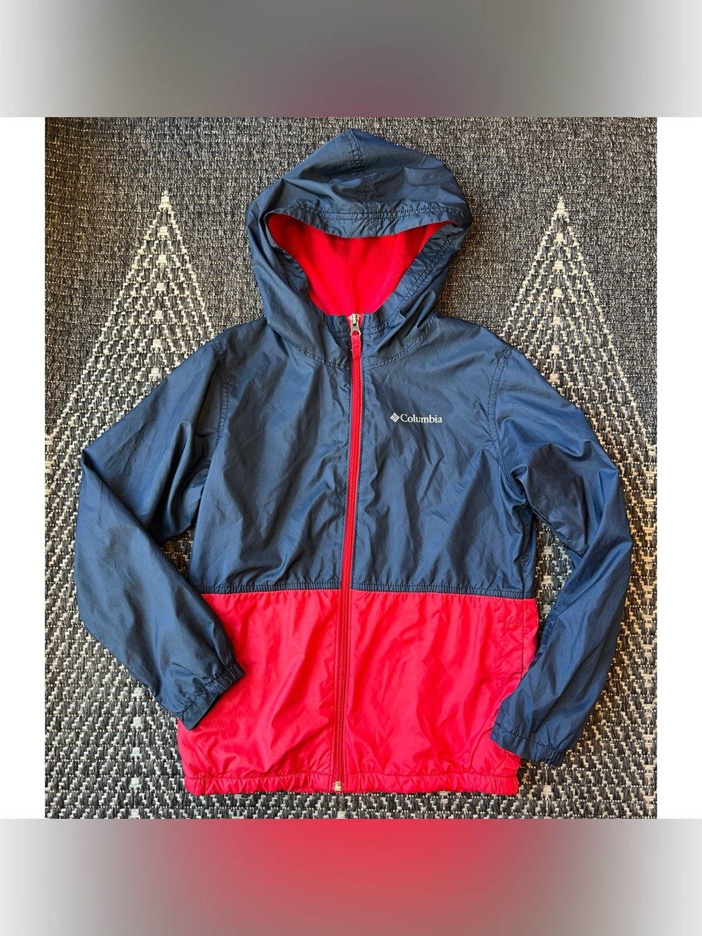 Columbia Boys Navy Blue Red Hooded Fleece Lined Full Zip Windbreaker Jacket M 10